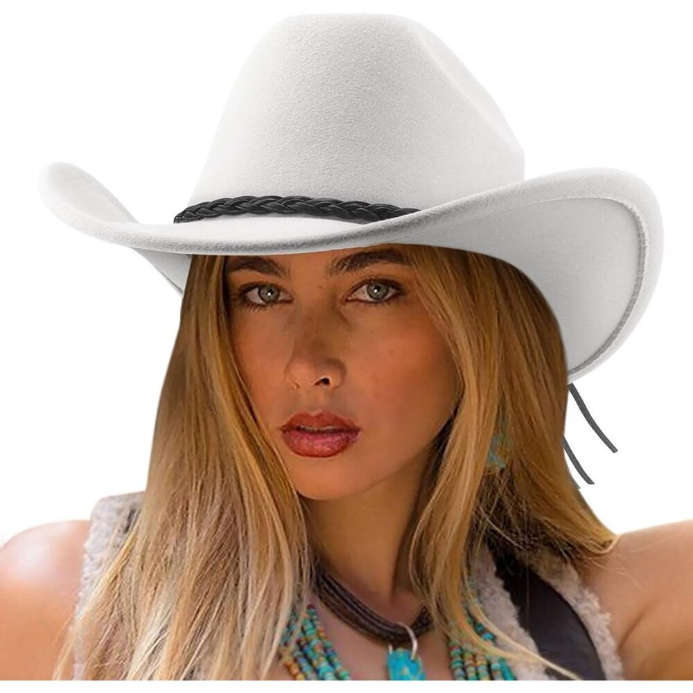 Women's White Western Braided Leather Band Buckle Classic Fedora Felt Cowboy Hat